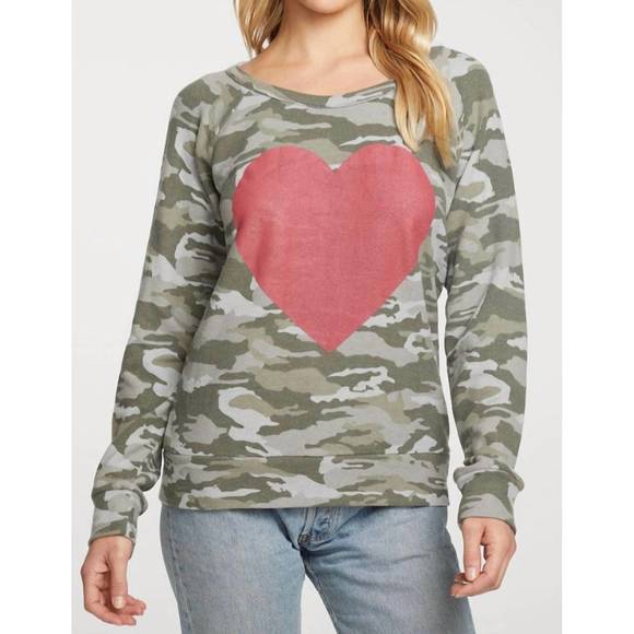 NEW CHASER rpet long sleeve raglan pullover in camo red heart - Picture 1 of 1
